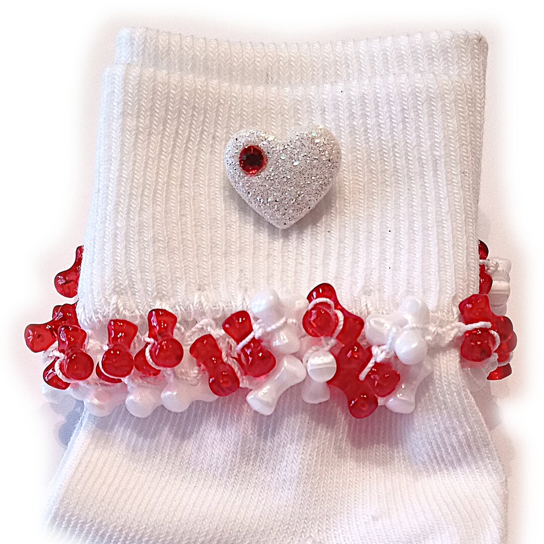 NEW White Rhinestone Heart Beaded Socks, Holidays, Buttons, Christmas