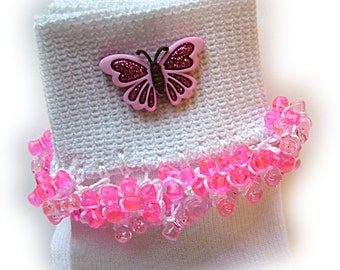 NEW - Pink Butterfly Beaded Socks, hot pink, buttons, school, holidays, crochet, thread, handmade, women's, toddlers, sparkle, white socks