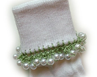 Green Frosty Pearl Beaded Socks, girls socks, pearls, party, school, women's, holidays, white socks, crochet, handmade, thread