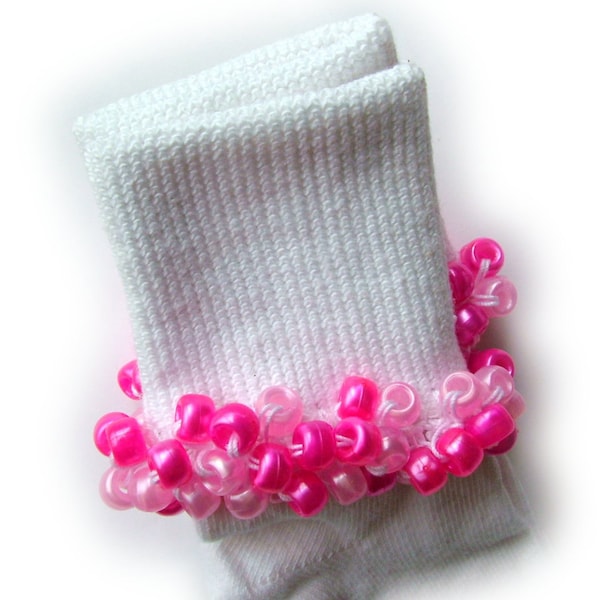 Pretty Pinks Beaded Socks girls, pony beads, pearls, pink, hot pink, school, holiday, girls socks, white socks, toddlers, women's, hair bows