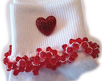 NEW -Valentine Red Sparkle Heart Beaded Socks, girls socks, toddlers, red, school, holidays, women's, tri bead, crochet, handmade, buttons