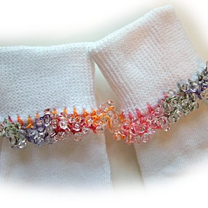 Passionata Beaded Socks, variegated socks, clear tri beads, variegated, school, red, crochet, girls, handmade, orange, holidays, white socks