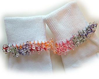 Passionata Beaded Socks, Christmas, variegated, school, red, crochet, girls, handmade, orange, holidays, white socks, gold, pink, blue