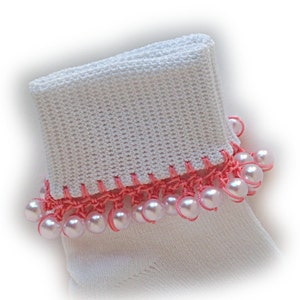 NEW - Coral Pearl Beaded Socks, girls socks, holidays, pearls, coral, school, women&#39;s, summer, spring, white socks, toddler, crochet, thread