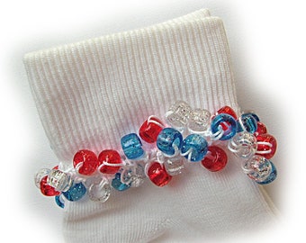 NEW - Patriotic Sparkle Beaded Socks, school, girls socks, women's, holidays, patriotic, sparkle, red, white, blue, toddlers, crochet