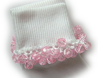 NEW - Pink Frost Faceted Beaded Socks, First Communion, Baptism, Christening, holidays, toddlers, school, beads, crochet, handmade, thread
