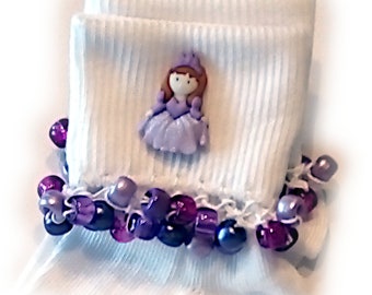 NEW - Lavender Princess Beaded Socks, girls socks, pony beads, purple, white socks, sparkle, holidays, women's, lavender, crochet, thread