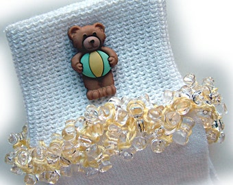 NEW - Beach Ball Bears Beaded Socks, buttons, yellow, blue, buttons, school, summer, crochet, handmade, thread, toddlers, bears, beach