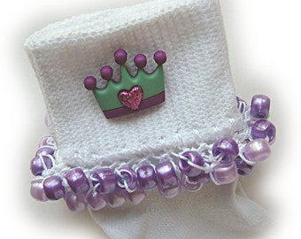 Purple Princess Crown Beaded Socks, buttons, girls socks, crown, purple, pink, sparkle, green, school, holidays, crochet, thread, handmade