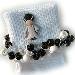 NEW - Halloween Bride of Frankenstein Beaded Socks, gray, Fall, button, Holidays, girls socks, women&#39;s, black, pony beads, crochet, handmade