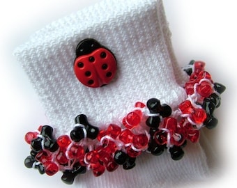 Lady Bug Beaded Socks, red, black, buttons, tri beads, school, holidays, girls socks, women's, toddlers, bugs, crochet, thread