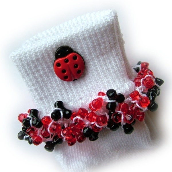 Lady Bug Beaded Socks, red, black, buttons, tri beads, school, holidays, girls socks, women's, toddlers, bugs, crochet, thread