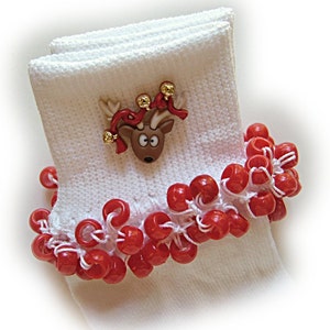 NEW - Jingle Bell Reindeer Beaded Socks, buttons, holidays, Christmas, girls, school, pony beads, bells, school, crochet, white socks, red