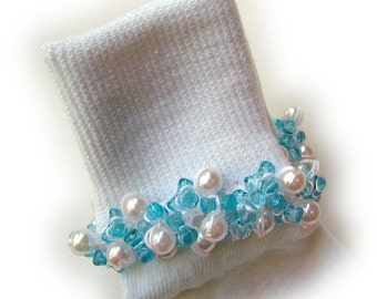 Blue Pearly Beaded Socks, pearls, blue, holidays, girls socks, school, dressy socks, women's, Christening, Baptism, tri beads, crochet