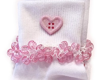 NEW - Pink Sparkle Heart Beaded Socks, school, pony beads, pink sparkle, girls socks, Easter, crochet, thread, handmade, toddlers, women's