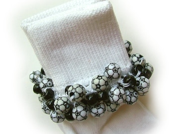 Soccer Ball Beaded Socks, girls, black, white socks, teams, school, women's, holidays, toddlers, crochet, thread, handmade, white socks