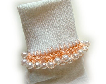 NEW - Peach Pearl Beaded Socks, pearls, girls socks, peach,  Baptism, school, holidays, women's, beads. crochet, handmade, thread, toddlers