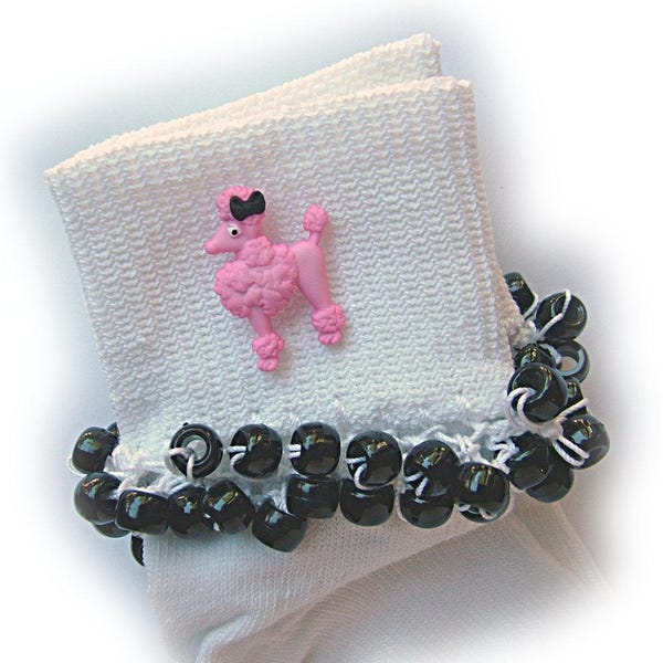 Pink Poodle Beaded Socks, girls socks, pony beads, school,  black,  poodles, holidays,  women's toddlers, pink, crochet, thread, buttons