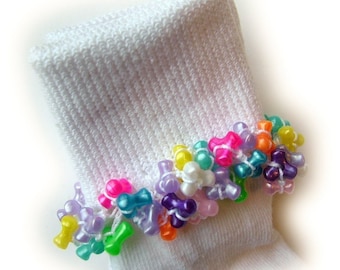 NEW - Rainbow Pearls Beaded Socks, pearl, tri beads, pink, blue, green, yellow, school, girls socks, holidays, crochet, handmade, thread