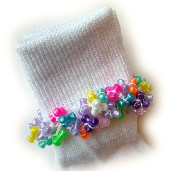 NEW - Rainbow Pearls Beaded Socks, pearl, tri beads, pink, blue, green, yellow, school, girls socks, holidays, crochet, handmade, thread