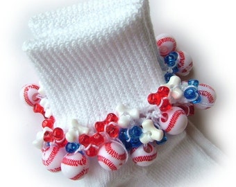 Baseball Beaded Socks, girls socks, tri beads, red, white, blue, women's socks, holidays, tri beads, school, summer, crochet, thread