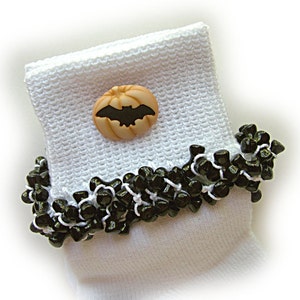 NEW - Halloween Bat Beaded Socks, buttons, holidays, girl, bats, Halloween, pumpkins, school, black, orange, women&#39;s, tri beads, white socks