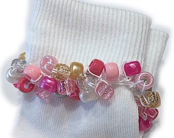 NEW - Princess Pink Mix Beaded Socks, girls socks, pony beads, pink, school, holidays, women's, toddlers, crochet, handmade, gold pearl