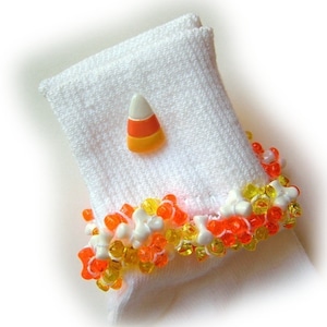 Halloween Candy Corn Beaded Socks, Halloween, buttons, orange, yellow, Fall, holidays, school, women&#39;s, tri beads, candy, girls, white socks