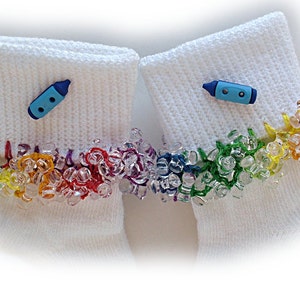 Blue Crayon Beaded Socks, buttons, school, rainbow, red, blue, girls socks, women's, green, yellow, purple, orange, holidays