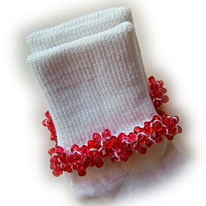 NEW - Candy Apple Red Beaded Socks, girls, toddlers, red, Christmas, school, holidays, Valentines, women&#39;s, tri beads, crochet, white socks