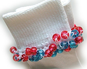 NEW - Patriotic Red and Blue Sparkle Beaded Socks, school, pony beads, holidays, toddlers, sparkle, women's socks, girls socks, crochet