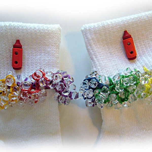 Red Crayon Beaded Socks, buttons, Christmas, red, blue, holidays, kindergarten, girls, school, green, yellow, purple, crochet, white socks