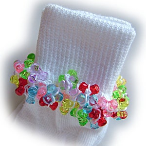 Rainbow Beaded Socks, colorful, girls, rainbow, tri beads, Holiday, red, blue, green, yellow, pink, toddler, school, handmade, white socks
