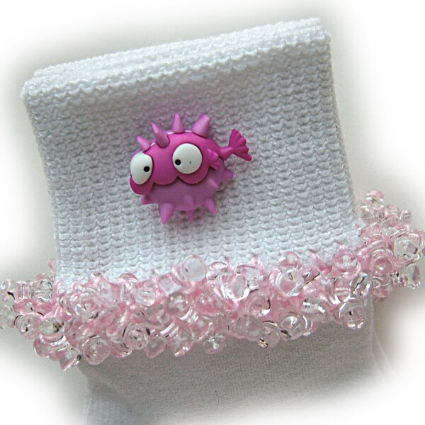 NEW - Pink Creature of the Sea Beaded Socks, buttons, girls, pink, hot pink, crochet, thread, handmade, school, eyes, holidays, white socks