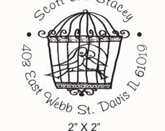 Whimsical Love Birds in Bird Cage Original Art Custom Return Address  Rubber Stamp AD93