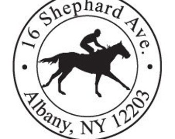 Horse and Jockey Silhouette Custom Return Address Rubberstamp 2 inch Round AD118