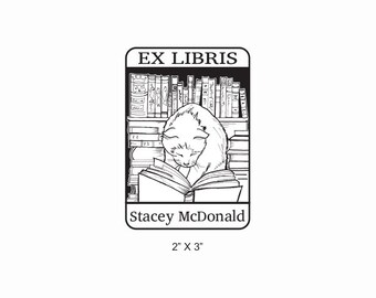 Cat Reading a Book Original Art Ex Libris Bookplate Rubber Stamp O26 featured artist