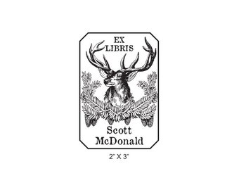 Deer and Pine Cones Personalized Ex Libris Library Stamp Rubber Stamp M15