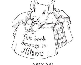 Custom Babe Pig in a Basket  Library Stamp Ex Libris Rubber Stamp B30