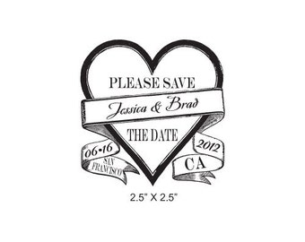 Vintage Heart with Banner Wedding Save the Date Custom Rubber Stamp AD216