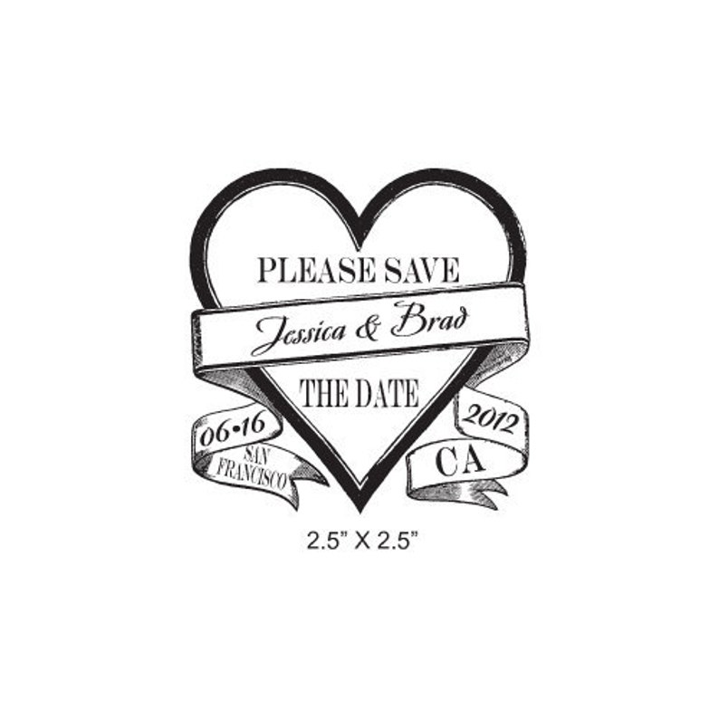 Vintage Heart with Banner Wedding Save the Date Custom Rubber Stamp AD216