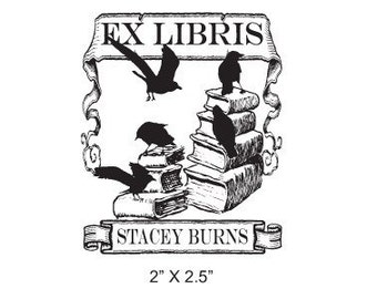 A Murder of Crows and Piles of Books Personalized Bookplate Ex Libris Rubber Stamp I09