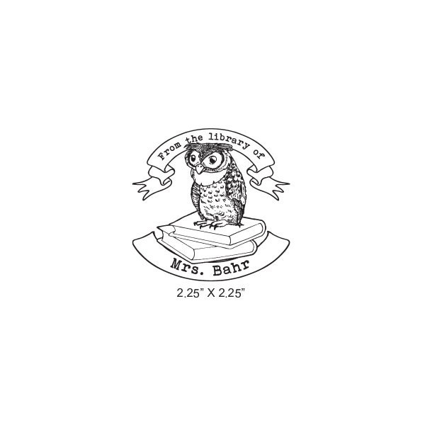 Owl Sitting on Books With Banners Personalized Ex Libris Library Stamp Rubber Stamp M28