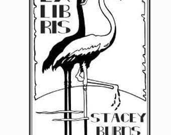 Flamingos Art Deco Personalized Bookplate Rubber Stamp F06