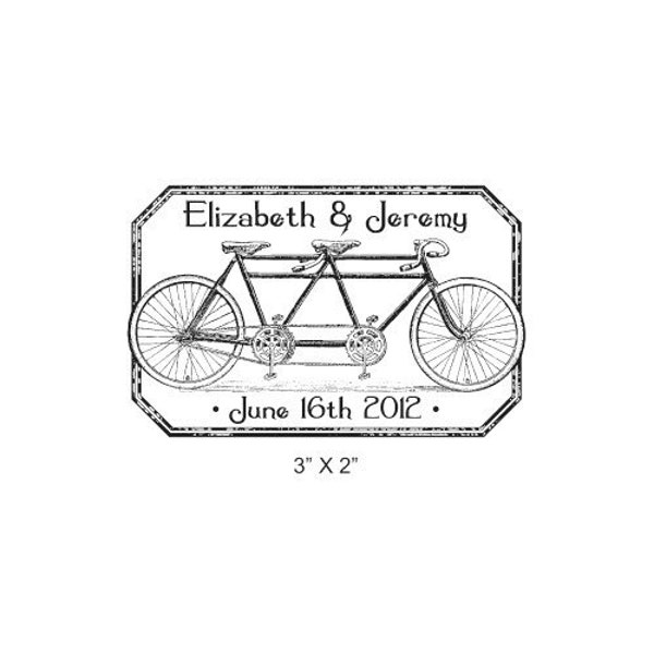 Tandem Bicycle Distressed Antique Frame Custom Wedding Save the Date Rubber Stamp AD224
