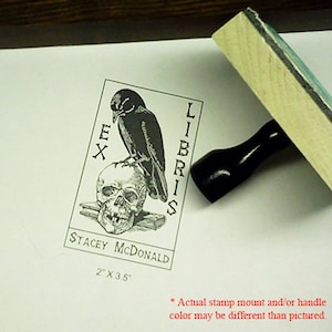 Raven Perched on Human Skull and Book Ex Libris Bookplate Rubber Stamp N04