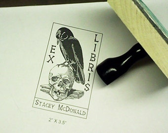 Raven Perched on Human Skull and Book Ex Libris Bookplate Rubber Stamp N04