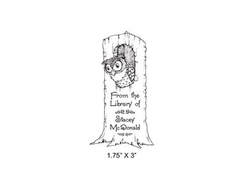 Owl In a Tree Stump Personalized Ex Libris Bookplate Rubber Stamp M13