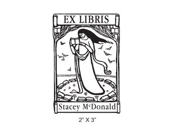 Woodcut Style Lady in a Circle of Books Personalized Ex Libris Rubber Stamp K13