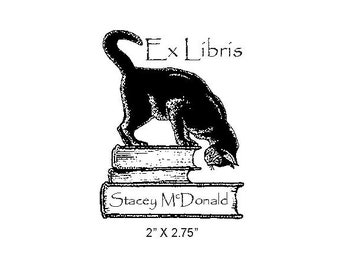 Vintage Curious Cat on Books Custom Bookplate Rubber Stamp P06